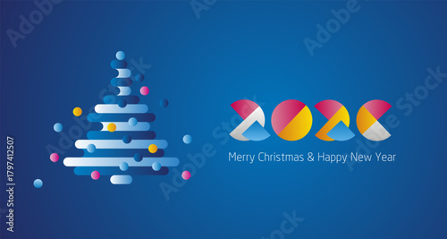 Merry Christmas and Happy New Year 2026 modern colorful abstract shaped numbers composed of quarter and half circles design with abstract Christmas tree blue greeting card