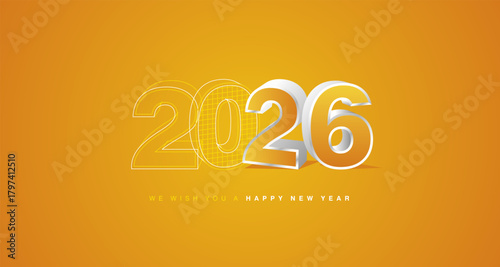 We wish you a happy new year 2026 eve. Architecture construction or mechanical engineering from line drawing to 3d silver yellow model numbers of 2026 with sparkle firework on orange yellow background