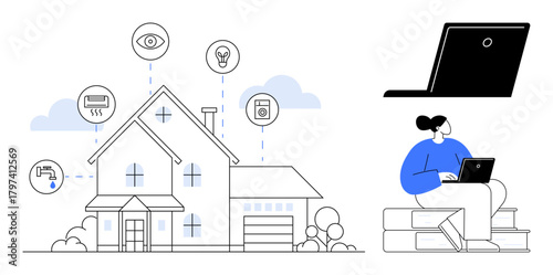 Connected modern house with icons for smart utilities, laptop control setup, person remotely managing systems. Ideal for automation, technology, comfort, energy efficiency, security, IoT smart