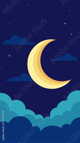 Crescent moon with clouds and stars in a dark blue sky