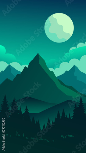 Illustration of mountains and trees under a full moon