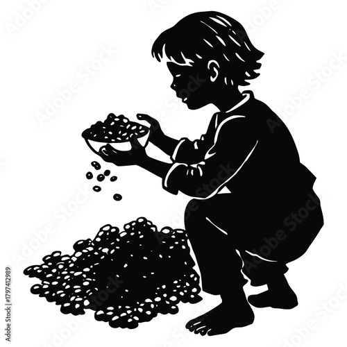 Child with Berries Illustration Silhouette Graphic on White Background