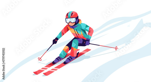Geometric Style Man Skiing Downhill with Colorful Outfit Illustration