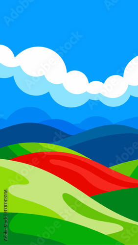 Stylized landscape with clouds and rolling hills view