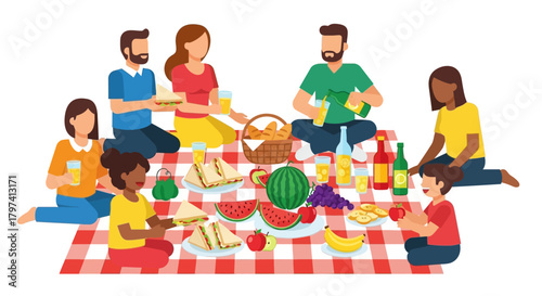 A diverse group of happy friends and family enjoying an outdoor picnic on a checkered blanket with various foods and drinks.