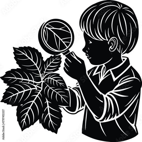 Boy Studying Leaf Silhouette with Magnifying Glass Illustration on White Background
