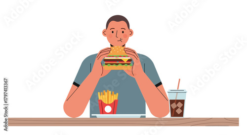 Simple Style Illustration of Man Eating Burger with Fries and Soda