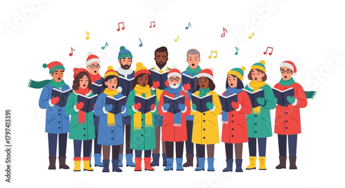 Flat Style Diverse Group Christmas Carolers Singing Festive Song Together Illustration