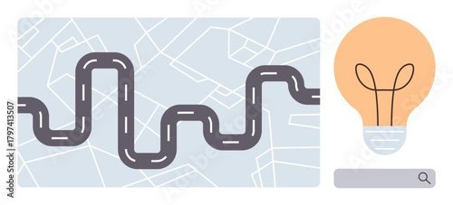 Wavy road on a map symbolizes journey or process, paired with a light bulb representing creativity and insight. Search bar adds an exploration theme. Ideal for innovation, strategy, problem-solving