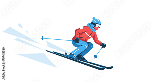Flat Design Skier Illustration Going Downhill Winter Activity Scene