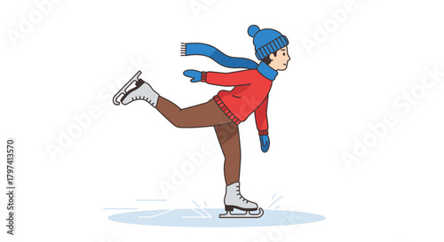 Flat Illustration of a Man Ice Skating in Winter Outfit