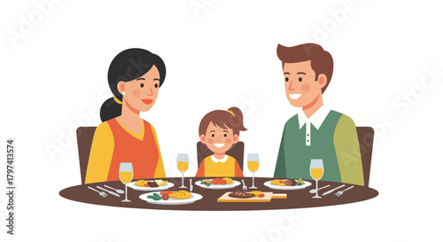 Flat Illustration of Happy Family Having Festive Meal at Table