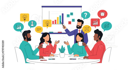 Flat Illustration Business Team Meeting Brainstorming with Presentation and Speech Bubble