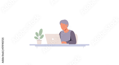 Flat Illustration of Senior Man Working on Laptop at Home Office