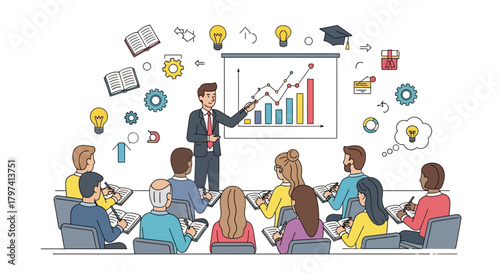 Colorful Detailed Business Presentation with Graph and Attendees Illustration