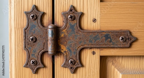 Rusty ornate hinge on a wooden door metal iron