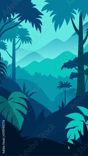 A serene view of a jungle landscape in shades of blue