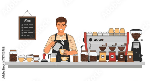 Flat Illustration Cheerful Barista Making Coffee at Counter in Coffee Shop