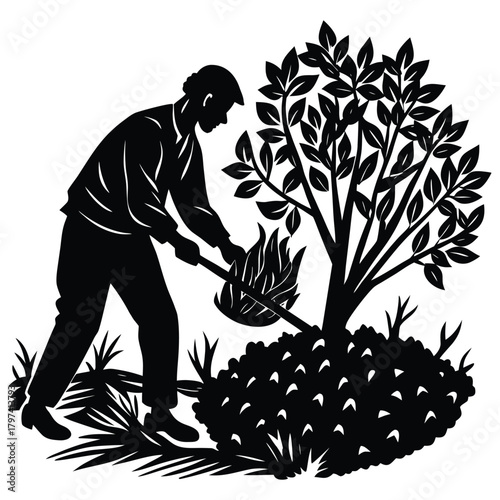 Burning Brush Silhouette Illustration of a Man Clearing Land with Fire on White Background