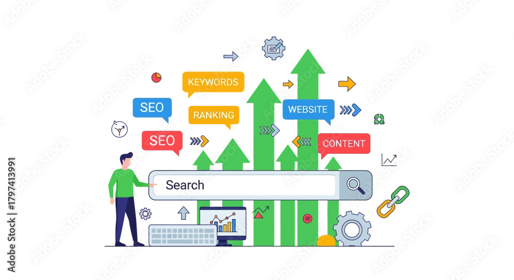Obraz premium Modern Flat SEO Optimization Process with Data Statistic for Website Growth