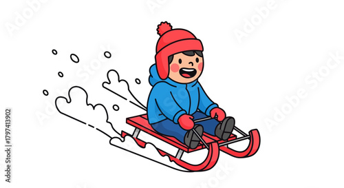 Cute Cartoon Style Boy Sledding Downhill Illustration in Winter Season