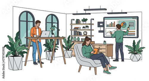 Stylish Handdrawn People Working in Modern Office with Data Visualization