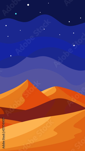 Illustration of desert dunes under a starry night sky