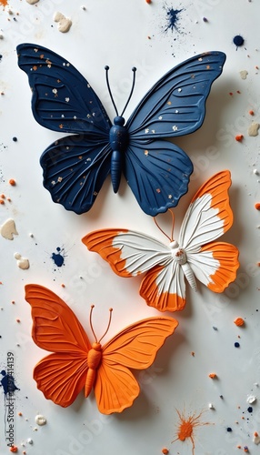Illustration of three sculpted butterflies. Navy blue orange and white butterflies are on a textured white background with paint splatters. Decorative art for home decor or design projects.