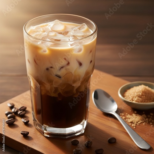 Perfectly Layered Traditional Thai Iced Coffee (Oliang) with Creamy Milk and Golden Sunlight