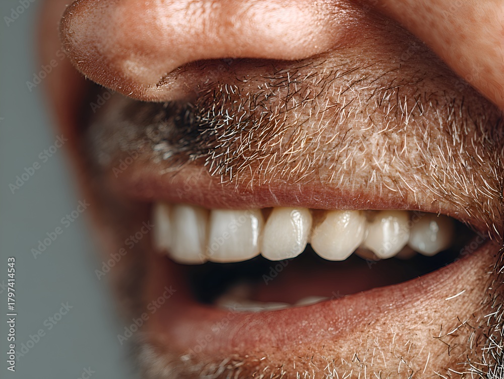 Obraz premium Close up shot of a bearded man's face with white teeth smiling broadly, showcasing healthy gums and joyful expression of happiness.
