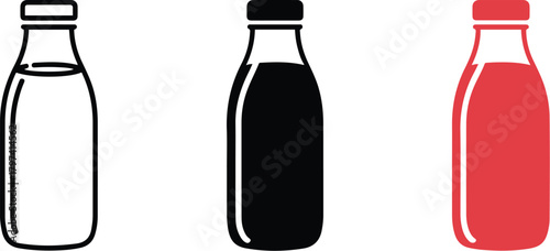 Vector set of isolated full glass bottles for wine, alcohol, liquid drink, water, or vinegar with blank labels on a white background
