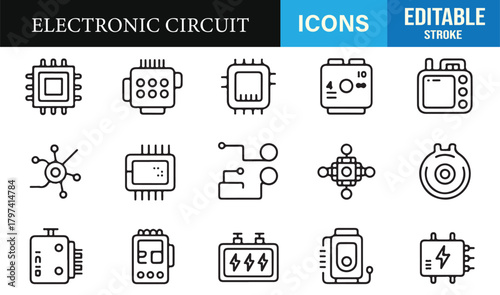 Clean circuit icon set featuring electronic modules, wiring patterns, and schematic parts