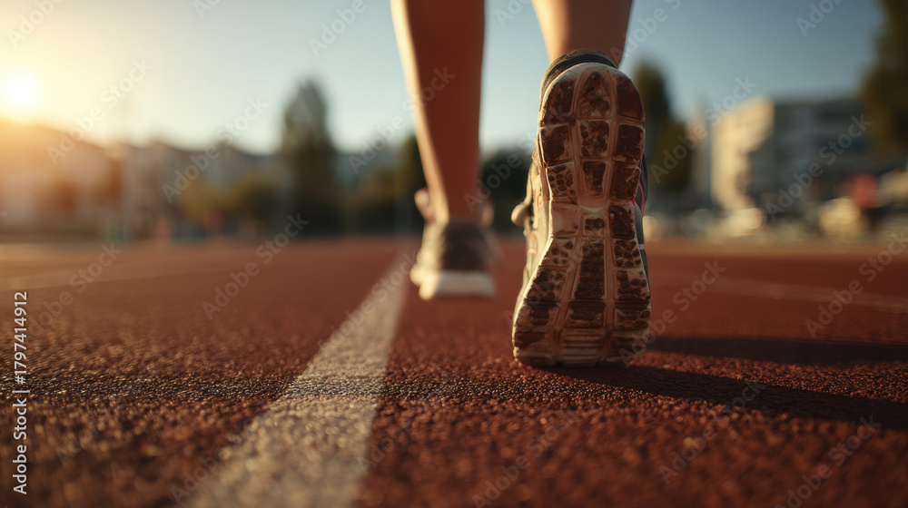 Naklejka premium Running shoe sole on red track at sunset with warm light and smiling mood, close up of footsteps and motion showing athletic training and outdoor exercise