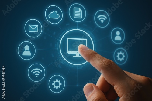 Digital touch interface displaying icons representing technology, communication, and data management. Concept of user interaction, innovation, and digital transformation in modern life.