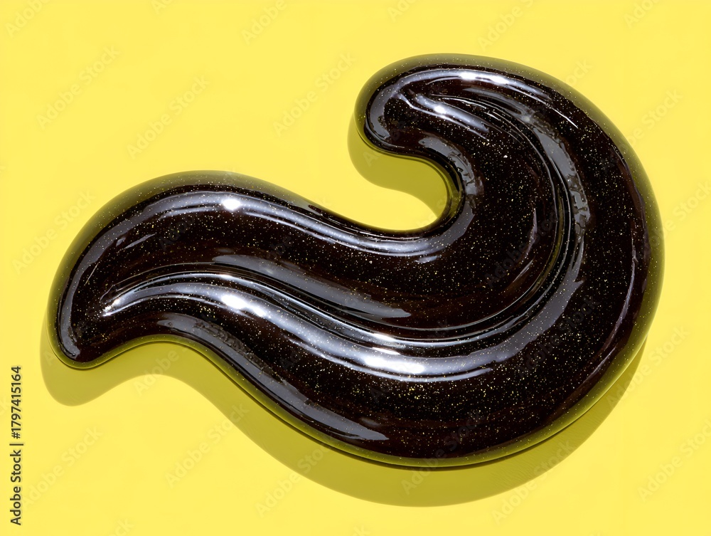 Obraz premium A glossy dark brown wave shaped object curves gracefully against a solid yellow background casting a distinctive shadow on the surface.