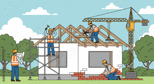 Illustrative depiction of a house construction site, showcasing workers building a roof, laying bricks, and operating a crane in a suburban setting with trees and clouds