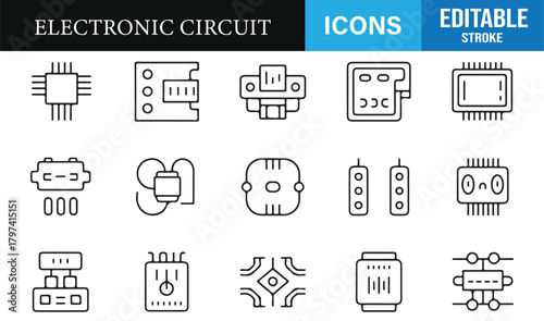 Editable stroke icons of PCB layouts, microchips, and digital circuitry elements