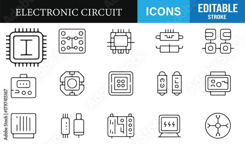 Minimalist electronic component vector pack showcasing chips, boards, and connectors