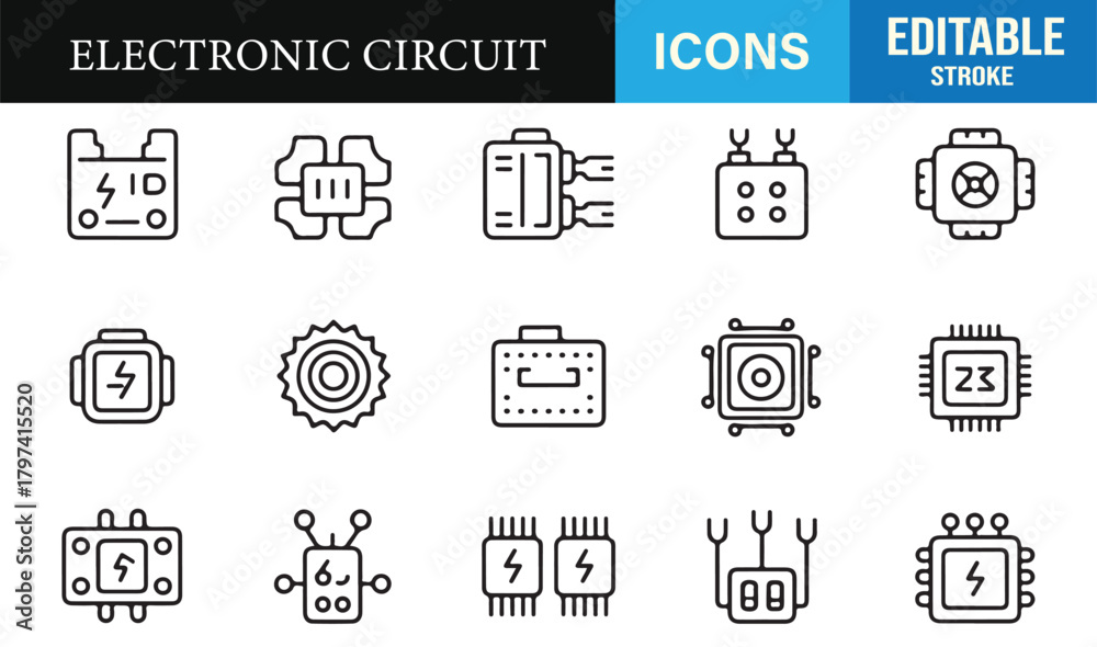 Fototapeta premium Outline technology icons including processors, sensors, wiring nodes, and chip modules