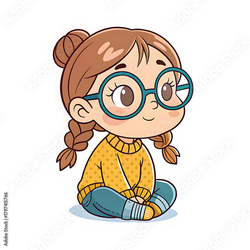Cute cartoon girl with glasses and braided hair isolated on transparent background