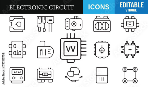 Vector set of circuit board components in clean editable stroke style