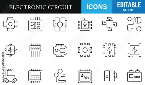 Minimal line art electronic circuit icons featuring microchips, connectors, and PCB modules