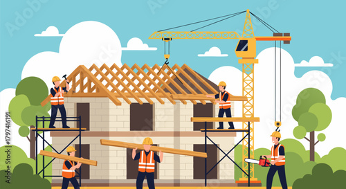 Dedicated construction workers collaboratively building a new house, illustrating the detailed process of residential property development with a crane and scaffolding