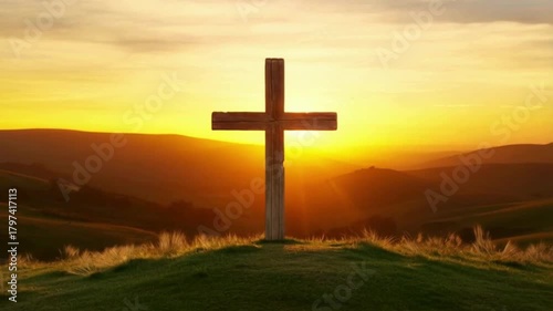 Christian Cross Silhouetted Against Sunset Sky | Hilltop Cross at Golden Hour | Religious Symbol in Nature Landscape