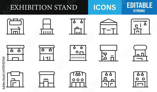 Set of line art exhibition stand icons depicting counters, frames, banners, and show setups
