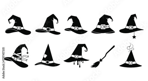 Spooky Halloween Witch Hat Silhouette Icon Collection with Broomstick