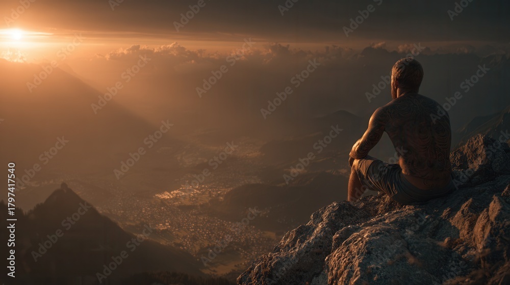 Obraz premium Athletic tattooed man hanging from rocky ledge with mountains behind extreme outdoor adventure