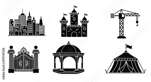 Building structures icon set city construction architecture landmarks silhouettes vector