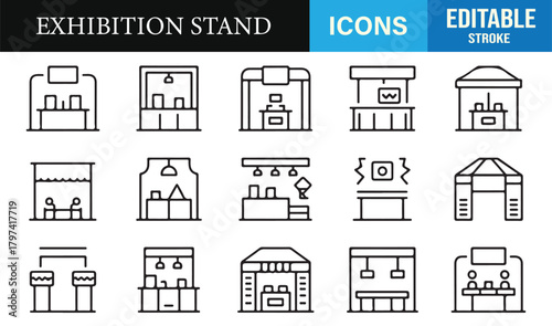 Clean outline booth illustrations perfect for trade shows, fairs, and commercial expos