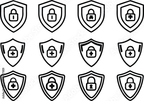 Collection of shield and lock icons representing security and protection